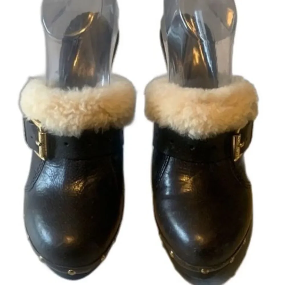 Michael Kors Studded Black Leather Wood Platform Clogs Size 9 Shearling Mules - Picture 3 of 12